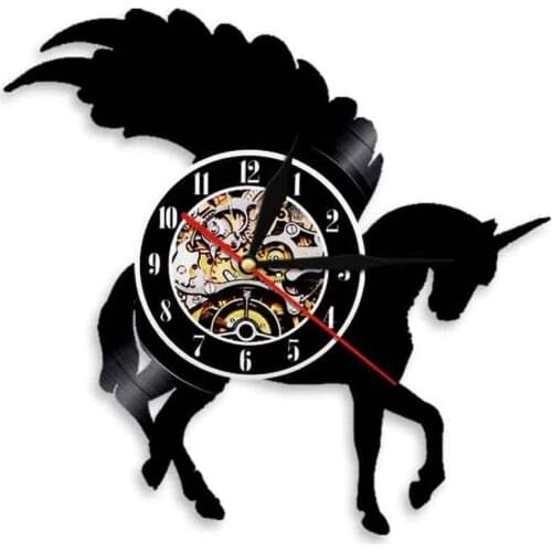 Glitter Unicorn Wall Art Silhouette Vinyl Record Wall Clock Fly Horse Illuminated Display Emblem Watch Girl Cave Teenager Spirit