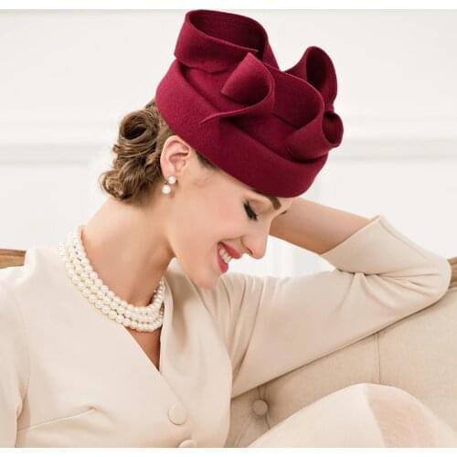 Lady New Autumn Wool Cap Female Nobles Fedoras Hat Pure Wool Vintage Wine Red Hat Small British Banquet Party Cap B-4788