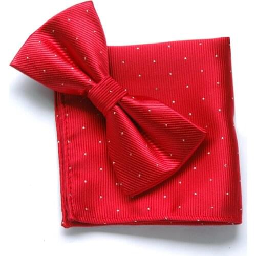 Excellent Mens Fashion Bowtie Hanky Set Groom Gentleman Dots Cravat Pocket Towel Red Handkerchief Wedding Party