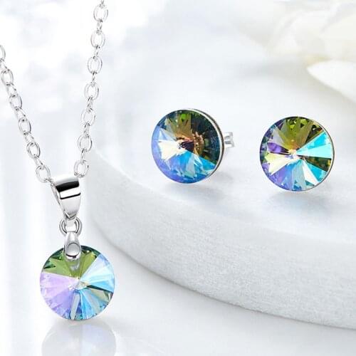 BAFFIN Original Crystals From Swarovski Round Pendants Necklace Stud Earrings For Women Girls Gifts Silver Color Jewelry Sets
