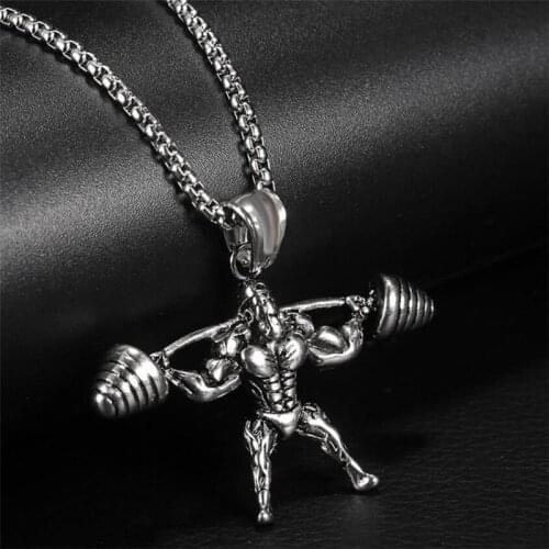 Weightlifting Pendant Necklaces Barbell Dumbbell Classic Charm Sporty Style Long Chain Necklaces For Male Men Fitness Enthusiast