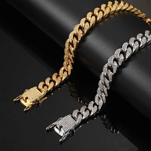 Drop Shipping Cool Women Mens Curb Cuban Link Bracelets Copper Lab Bling Iced Out Full CZ Clasp Gold Chain Silver Plated Bangles