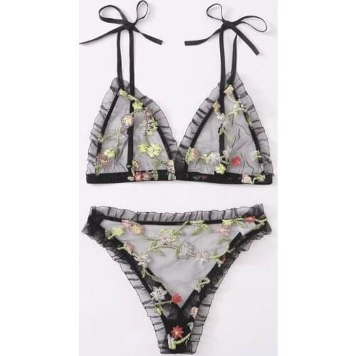 Sexy underwear women set Floral Embroidery Sheer Mesh Lingerie Set no bra Backless Bralette sexi Intimates lace bra set