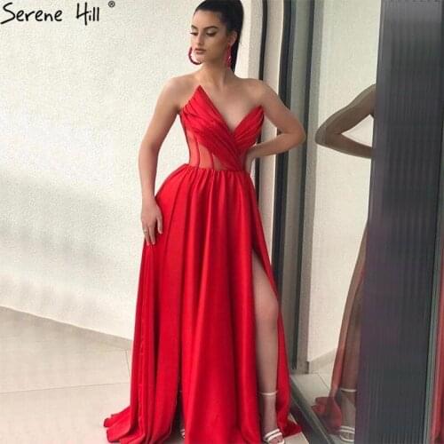 Serene Hill Red A-Line Split Evening Dresses 2020 Simple Sleeveless Sexy Satin Formal Dress LA70594