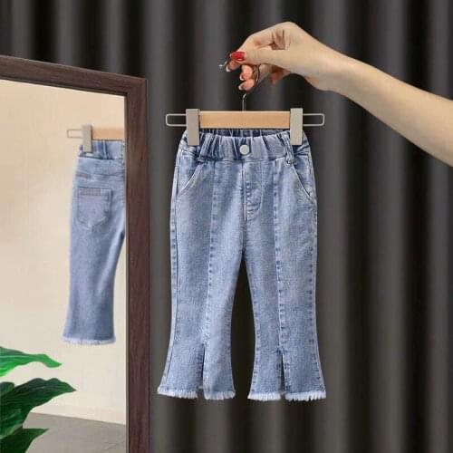 Girls Spring and Autumn Wide Leg Denim Pants Solid Elastic Waist Kids Jeans Vintage Boot Cut 3-13 Years Old Childrens Trousers