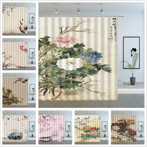 Chinese Style Shower Curtains Ink Painting Flower Plant Scenery Bird Illustrator Pattern Bathroom Decor Waterproof Cloth Curtain