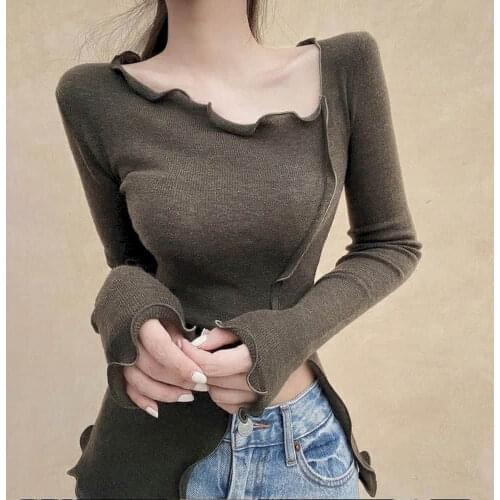Female Long-sleeved T-shirt Sexy Figure Wavy Side Thin Section Exposed Waist Women Tight-fitting Top Yoga Fitness Slim Design