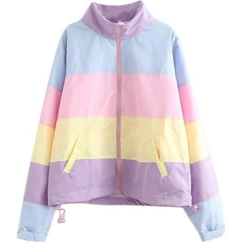 Women Winter Padded Puffer Jacket Rainbow Stripes Hooded Drawstring Zipper Coat Y1QD