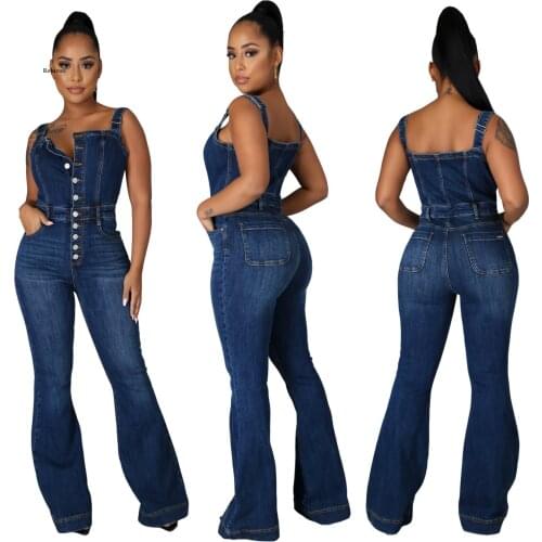 Womens European and American Sleeveless Square Neck Fashion Casual Sexy Strap Jeans Jumpsuit Wide Leg Pants Jumpsuit New