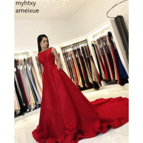 2020 Sexy Cheap Red Scoop Backless Floor Length Court Train High Quality Satin Pleated Plus Size Evening Gown Dresses For Women