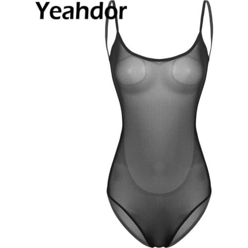 Womens One-piece Bodysuit Sexy See Through Sheer Mesh Lingerie Spaghetti Shoulder Straps Backless Leotard Nightwear Camisole
