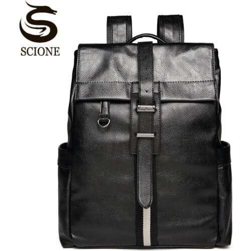 Scione Vintage Male Leather Backpack Retro Mens PU Backpacks Laptop Business Back Pack Boys School Bags Casual Travel Backpack