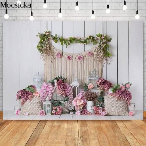 Bohemia Garden Backdrop For Children 1st Birthday Cake Smash Photo Props Studio Booth Background Pink Flowers Decor Photoshoot