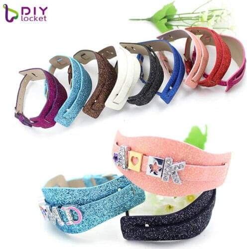 Diylocket 18+8MM PU Leather Glint Wristband Bracelets Mix Color DIY Accessory Fit Slide Letter Charms LSBR010*10