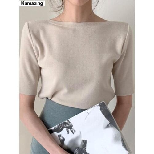 Knit T shirt Women Women Femme O-Neck Korean style office lady Summer Top Basic Tshirt
