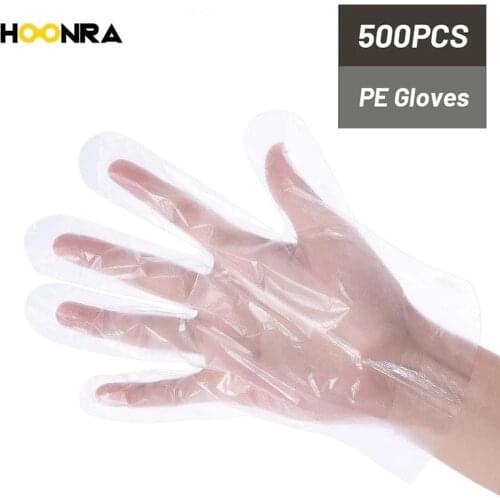 HOONRA 500Pcs/set Disposable Food Gloves One-off Plastic Gloves Restaurant BBQ Transparent PE Gloves Kitchen Accessories