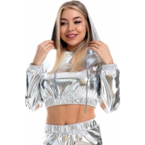 Short sweater women shiny metallic gilded patent leather hooded long-sleeved pullover