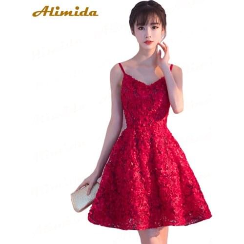 ALIMIDA Short Evening Dress 2020 New Elegant Red Banquet Prom Dresses Spaghetti Strap Sexy Formal Party Dress robe de soiree