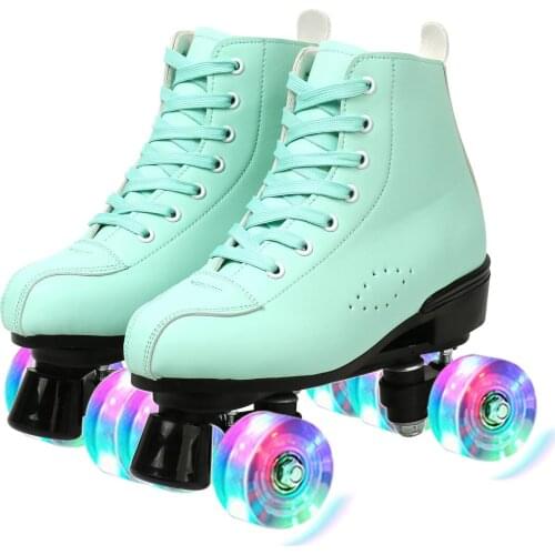 Pu Leather Roller Skates Shoes Patines Artificial Fibre Roller Skate Lace-Up Sneaker Double Row Flash Pu Wheel For Adult Women