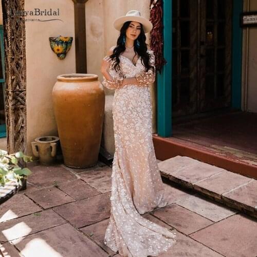 Champagne Lining Lace Wedding Dresses Long sleeve Classcial Mermaid Bridal Gowns Robe de soriee DW228