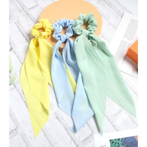 Fashion Solid Color Chiffon Bow Long Ribbon Ponytail Scarf Hair Tie Scrunchies Women Girls Elastic Hair Bands Hair Accessories