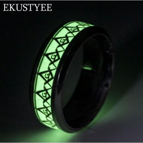 EKUSTYEE Masonic Stainless Steel Rings New Glow In The Dark 8mm Masonic Gold Color Stainless Steel Men Ring Freemason Male Rings