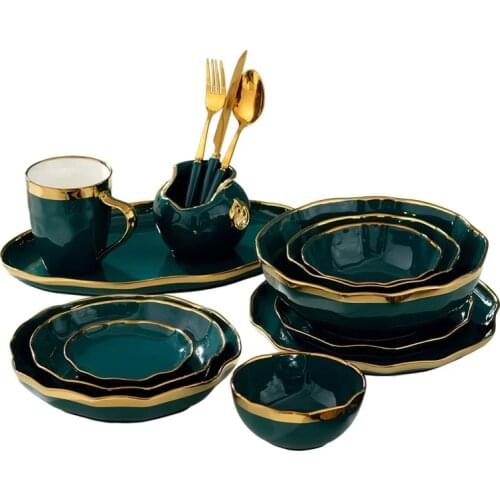Royal Green Ceramic Tableware Set With Golden Inlay Porcelain Steak Fish Fruit Plate Salad Rice Noodle Bowl Spoon Fork Knife