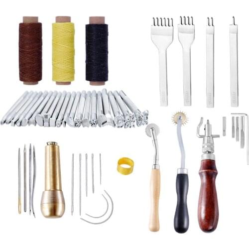 48PCS/Set Leather Craft Hand Tools Kit Waxed Thread Thimble Kit for Hand Stitching Sewing Stamping DIY Tool Set
