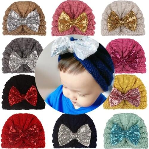 NEW! Baby Hat Sequined Bowknot Knitted Cotton Soft Comfortable Elastic Cap For Girls Kid Hats Hair Accessories Solid Color