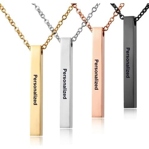 Simple Fashion Stainless Steel 4 Sides Vertical Blank Bar Necklace Engraved Name Date Chain Necklace For Women Men Birthday Gift