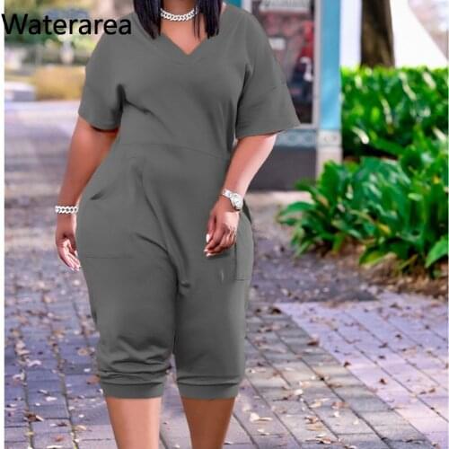 CM.YAYA Women V-neck Short Sleeve Haren Calf Length Jumpsuit Streetwear Classic Loose Romper Fashion One Piece Overall Playsuit
