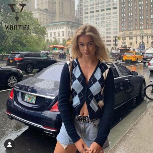 Bodycon Crop Tops Gothic Street Sexy Wool Cardigan Women Short Retro Wild Rhombic Knitted Long-sleeved Shirt Autumn and Winter