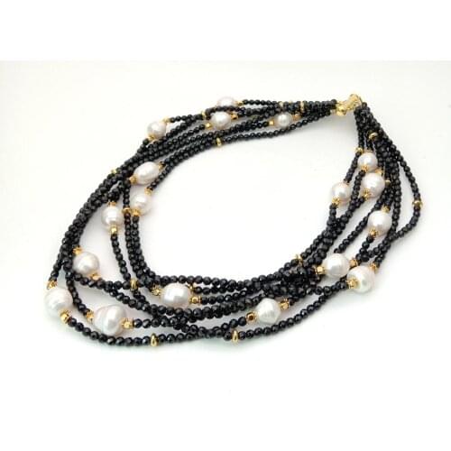 YYGEM 18'' Natural 7 Strands faceted round Black Spinel White rice freshwater Pearl Necklace luxury style for women