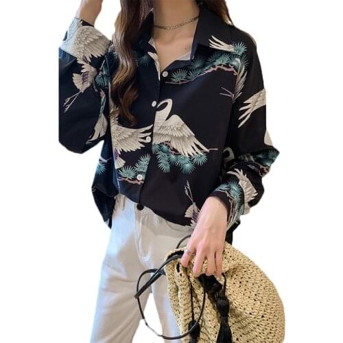 2021 Retro Chic Korean Loose Harajuku Style Crane Printing Chiffon Floral Shirt Women Blouse Spring Clothes Female Tops 161A