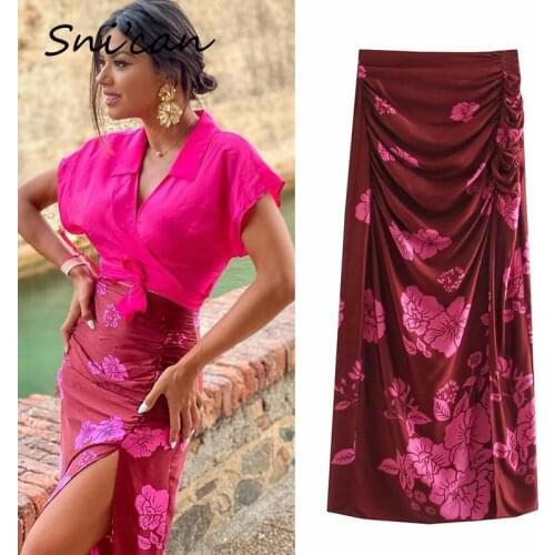 Red Floral Print Ruched Skirt High Waist Slit Sexy Midi Skirts Za 2021 Women Summer Fashion Split Jupe Longue Female Bottom New