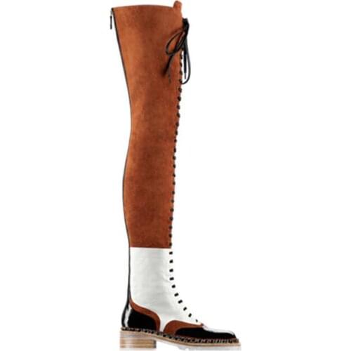 Top Quality Brown Mix Color Lace-up Flat Heeled Over The Knee Boots Women Ridding Boots Women Size 34-42 Free Shipping
