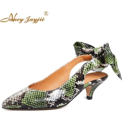 Green Snake Women Pumps Slingback Ladies Shoes Low Heels Butterfly-knot Novelty Female Sexy Dress Night Party Plus Size 45 37 46