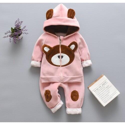 1 2 3 4 Years Winter Keeping Warm Girls Clothing Set 2021 New Style Thick Plus Velvet Hooded Jacket + Pants Suit For Kids