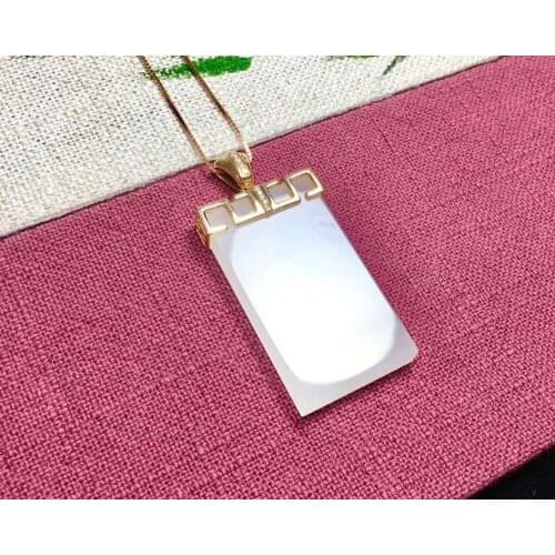 18K gold inlaid Hetian white jade square pendantJ52