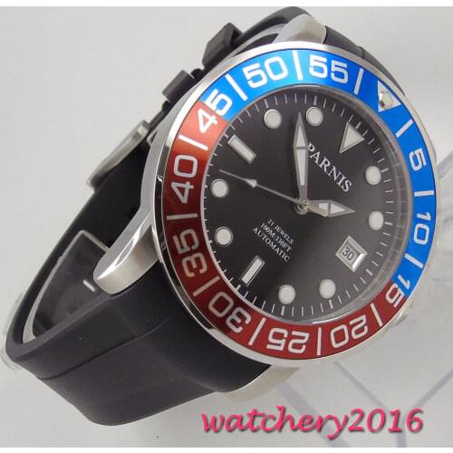 42mm parnis black dial luminous marks Rubber Strap Sapphire Crystal Date window 21 jewel Miyota Automatic Mens Watch