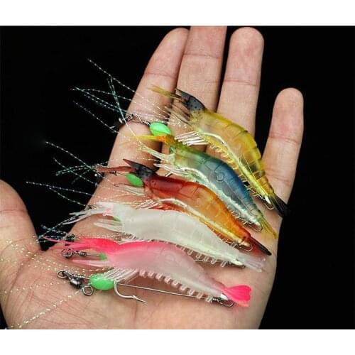 5pcs/lot 9cm/5.2g Luminous Simulation Prawn Soft Shrimp Sinking Shaped Worn Fake lure Hook Isca Fishing Lure Artificial Bait