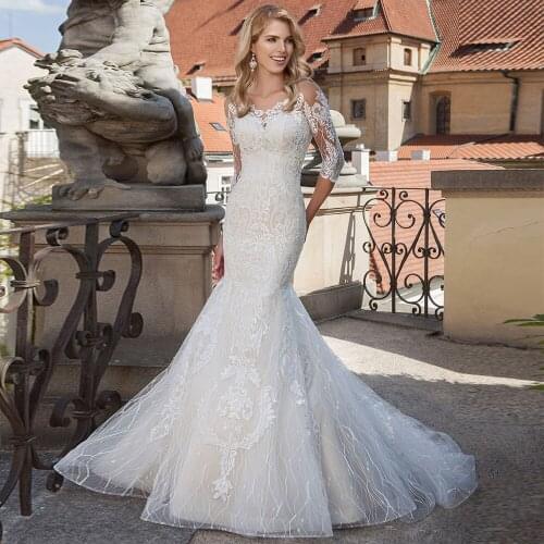 Elegant Illusion Mermaid Wedding Dresses For Women Appliques Lace Bride Dress Half Sleeve Beading Wedding Gown Vestidos De Noiva