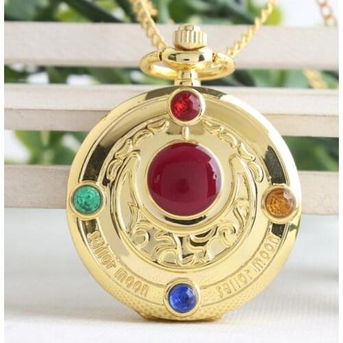 Fashion Golden Sailor Moon Theme Necklace Pendant Quartz Pocket Watch With Chain Girls Gift Pocket Watch Clock PL118