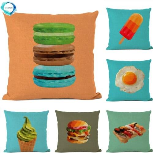 Cartoon Food Ice Cream Burger Macaron Cotton Linen Cushion Cover Poached Egg Popsicle Cake Decorative Sofa Throw Pillow Cover