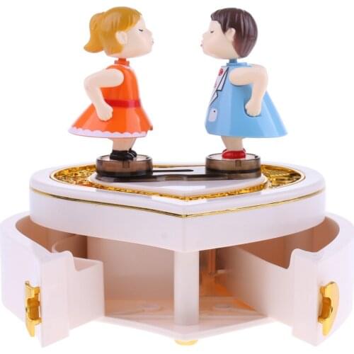 Heart Shape Kissing Doll Music Box W / Jewelry Drawer Clockwork Toy B