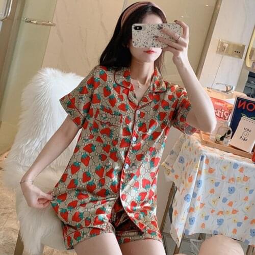 2021 New Spring Summer Women Faux Silk Pajamas Set Simple Pure Color Leisure Nightwear Short Sleeves Sleepwear