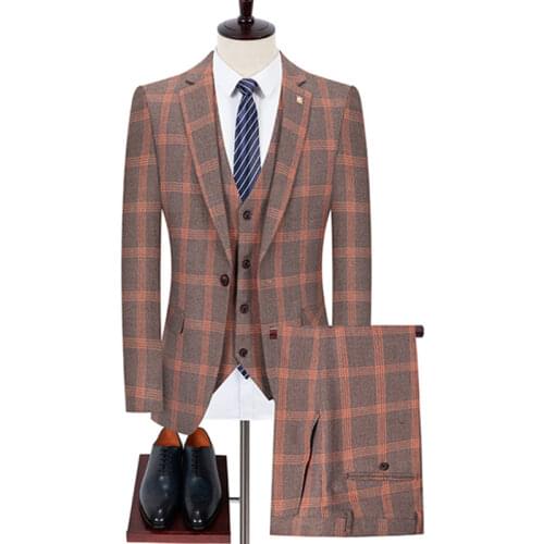 Blazers Pants Vest Set 3 Pieces Set / 2020 Mens Business Casual Fashion Three Piece Plaid Suit Jacket Coat Trousers Waistcoat