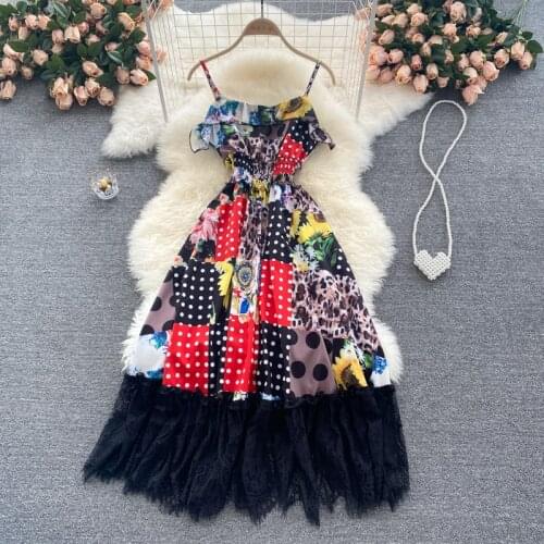 Europe Style New Fashion Summer Women Sleeveless Vintage Print Patchwhork Lace Dress Ladies Vacation Beach Dresses Vestido