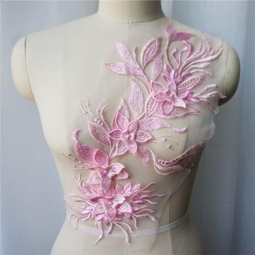 Pink 3D Flower Tassel Lace Fabric Gown Appliques Trims Embroidered Collar Mesh Sew Patch For Wedding Decoration Dress DIY