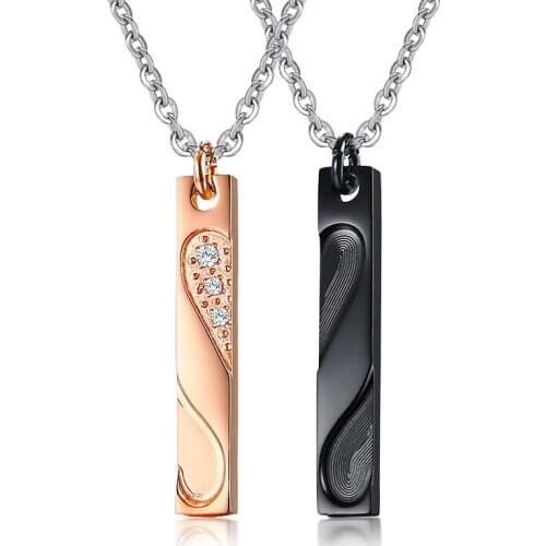 Heart Puzzle Fingerprint Couple Necklace Stainless Steel Rhinestones Pendants Lover Jewelry Anniversary Birthday Gift for Women